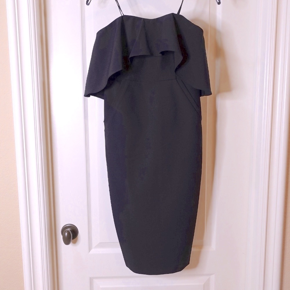 NWT Chelsea28 Black Strapless Crepe Ruffle Sheath Cocktail Dress